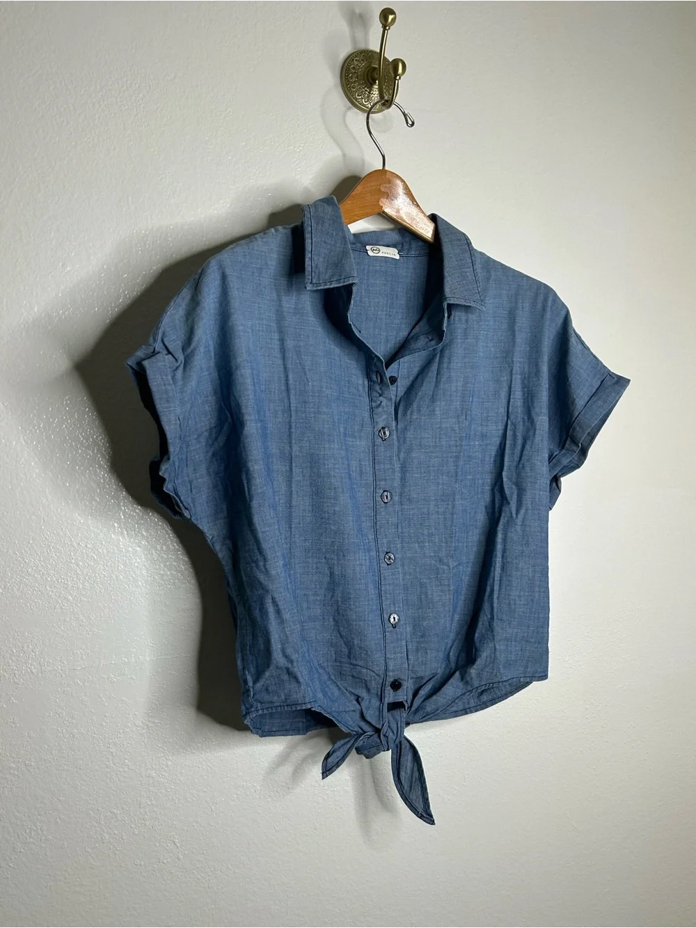 AG 100% Cotton Denim Chambray Button Down Tie Front Short Sleeve Boxy Blouse Top
